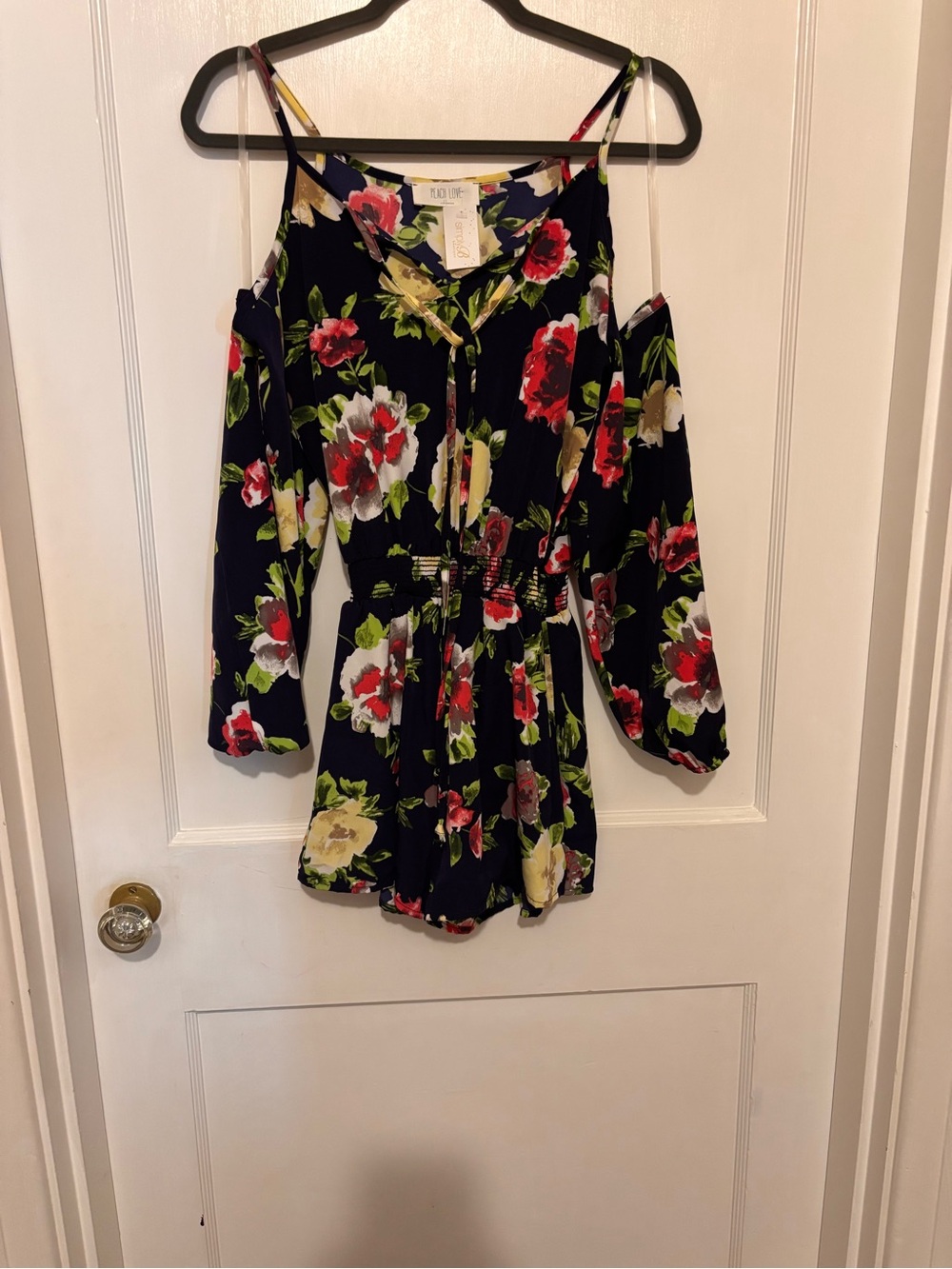 Peach Love California Navy Floral Cold-Shoulder Romper with Red & Cream Blooms